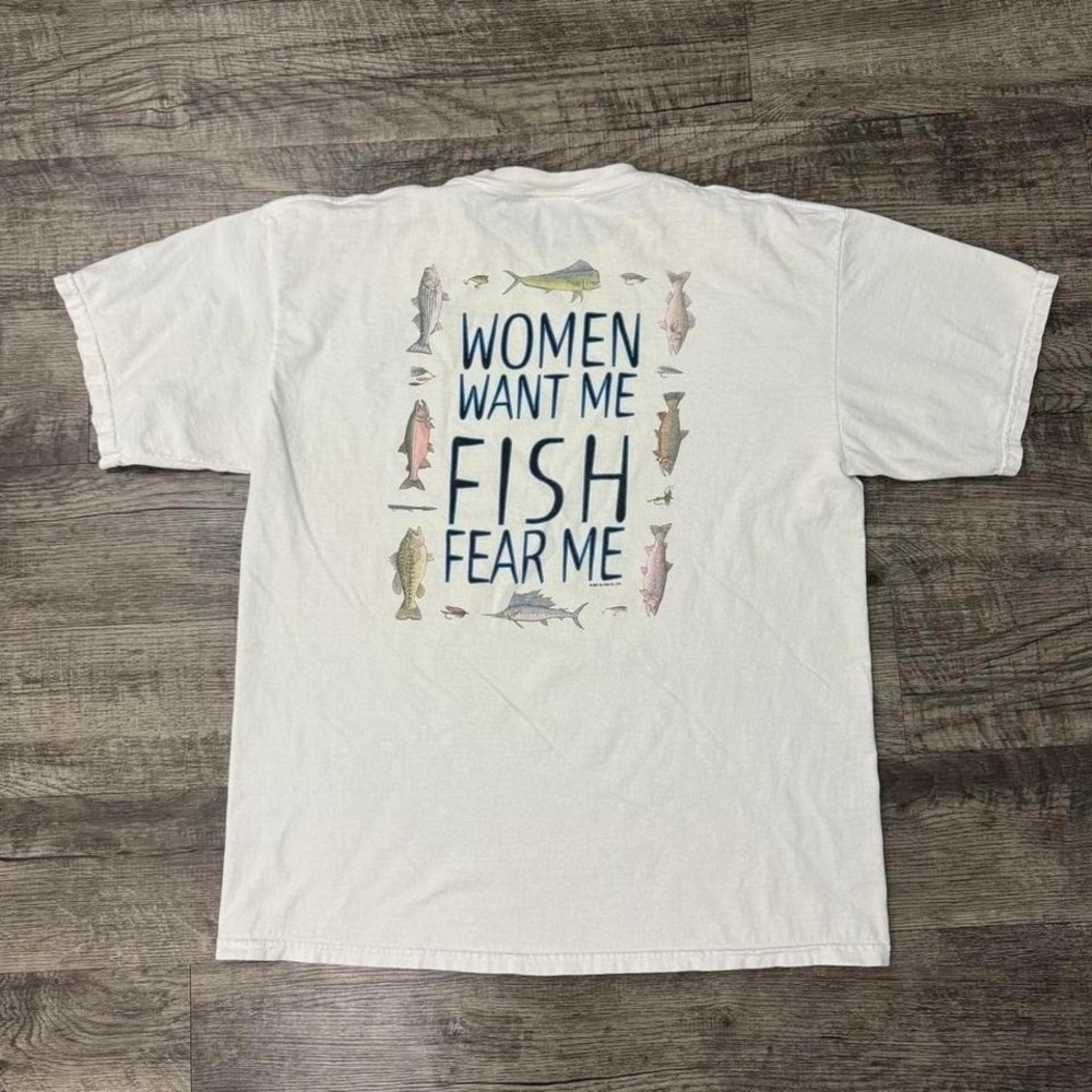 Vintage Women Want Me Fish Fear Me Fishing Humor T Shirt Comedy Bass Pro Tee XL